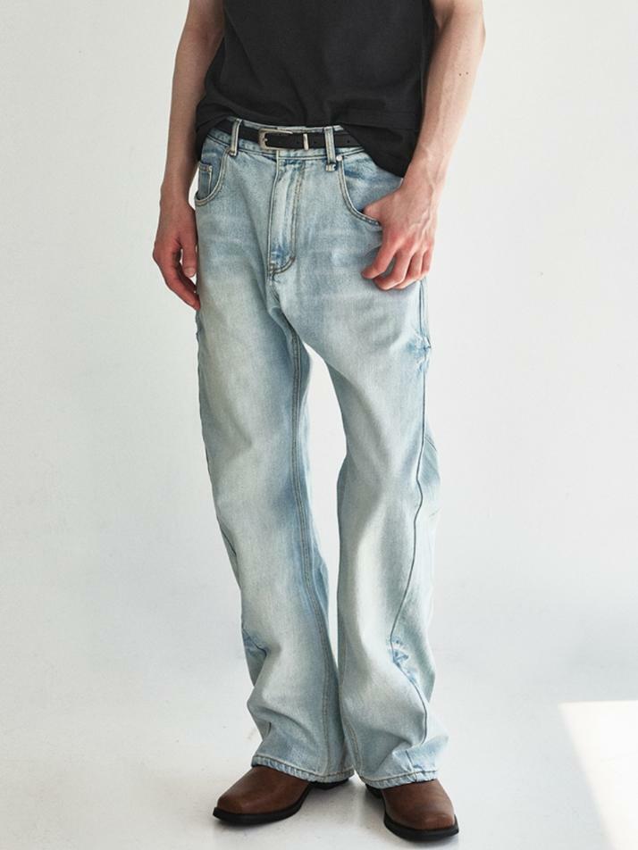 Wave Cutting Denim Pants Light Blue