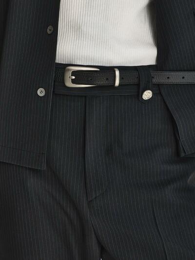 Oblong Leather Buckle Belt_Silver
