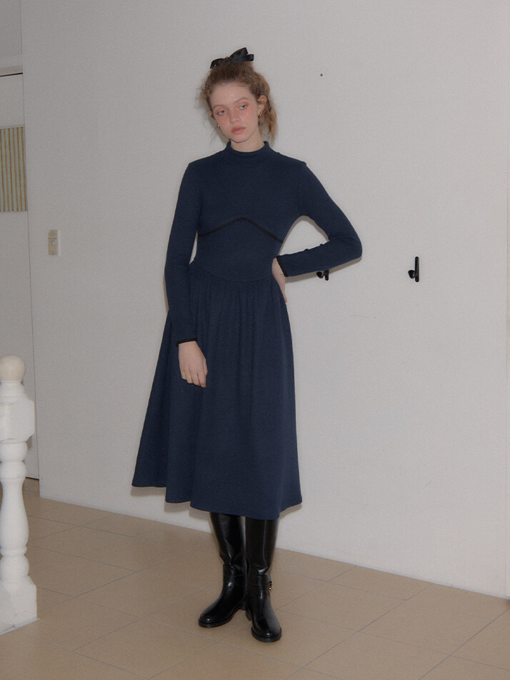 Line Point High Neck Dress_ Navy