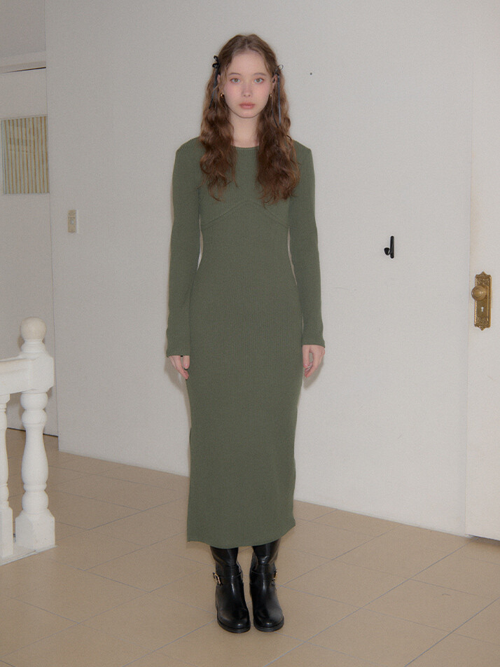 Line Point Basic Jersey Dress_ Khaki