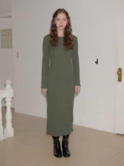 Line Point Basic Jersey Dress_ Khaki