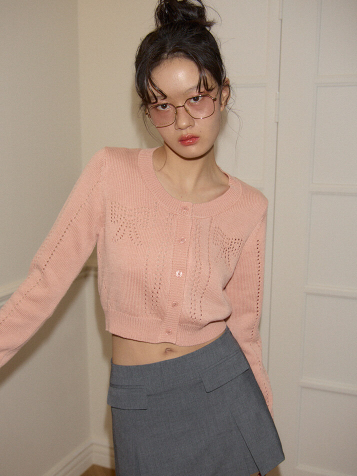 Ribbon Punching Cardigan_ Peach