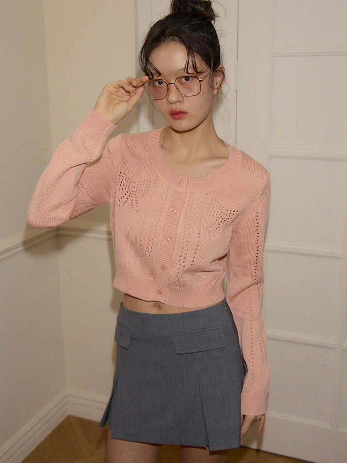 Ribbon Punching Cardigan_ Peach