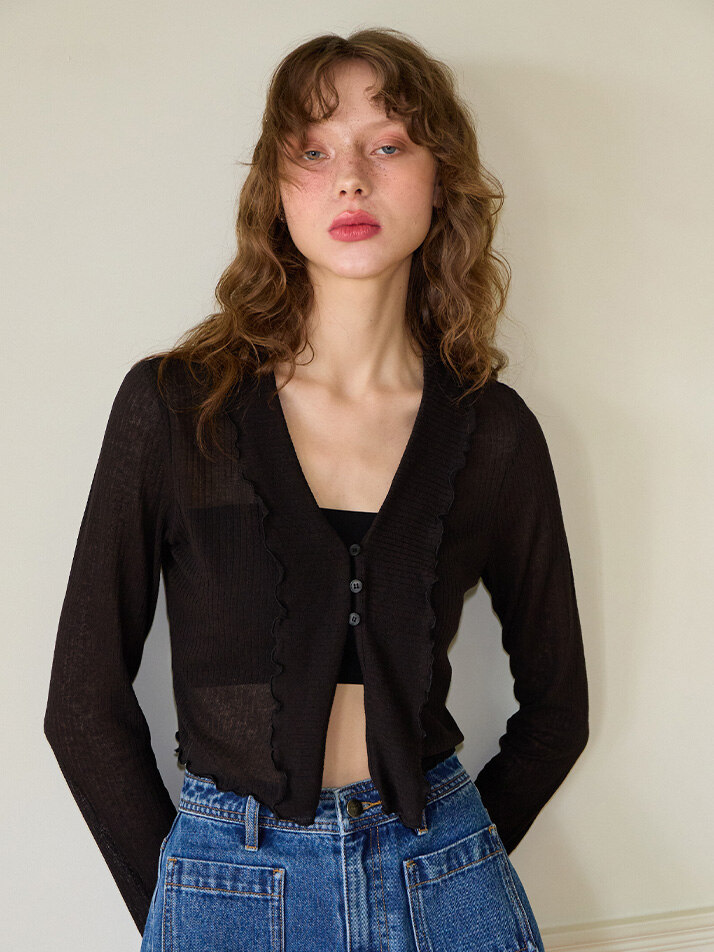 Ruffle Crop Sheer Cardigan_ Black