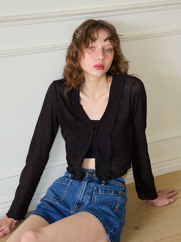 Ruffle Crop Sheer Cardigan_ Black