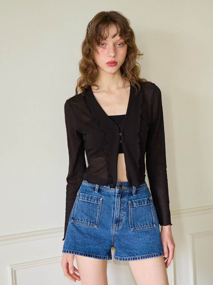 Ruffle Crop Sheer Cardigan_ Black