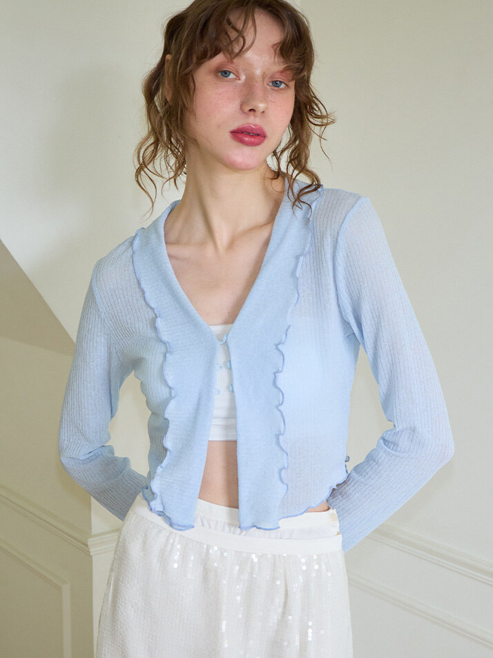 Ruffle Crop Sheer Cardigan_ Blue