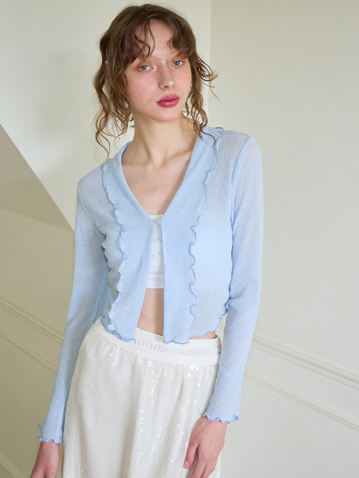 Ruffle Crop Sheer Cardigan_ Blue