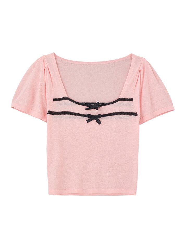 Ribbon Square Neck Crop Knit_ Pink