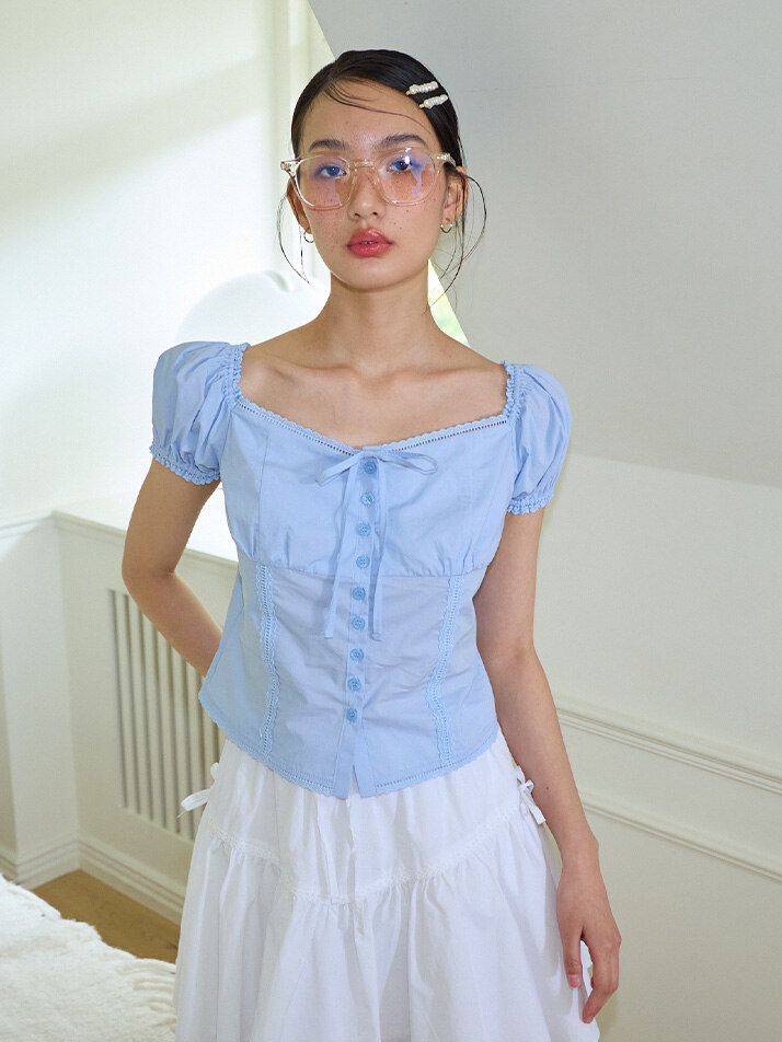 Ribbon Cotton Blouse_ Blue