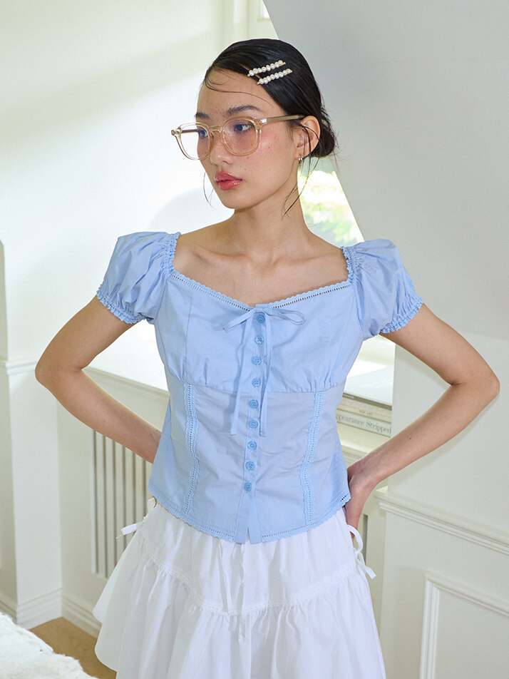 Ribbon Cotton Blouse_ Blue