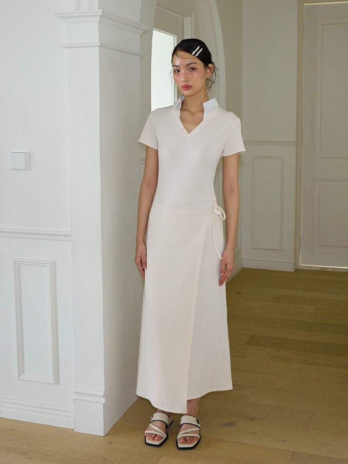 Shirt Detail Long Wrap Dress_ Ivory