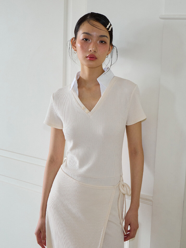 Shirt Detail Long Wrap Dress_ Ivory