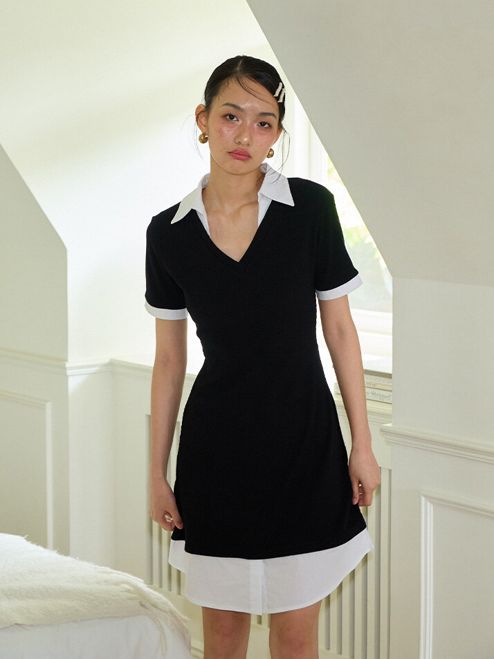 Shirt Detail Mini Dress_ Black