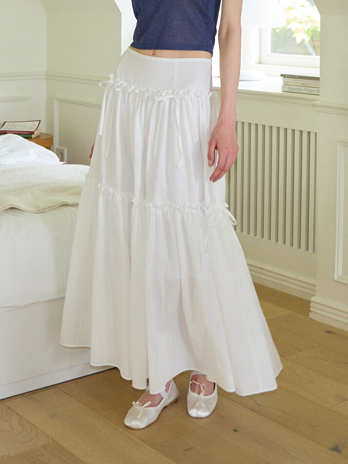 Ribbon Shirring Maxi Skirt_ White