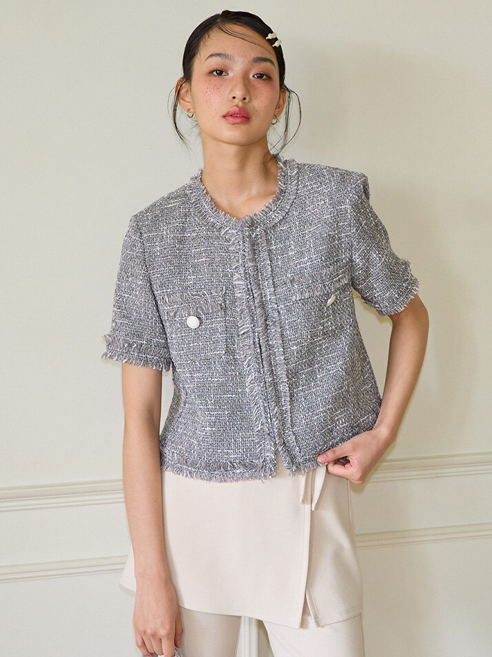 Tassel Tweed Short Sleeve Jacket_ Gray