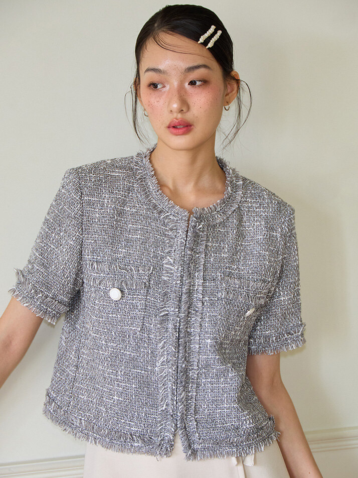 Tassel Tweed Short Sleeve Jacket_ Gray