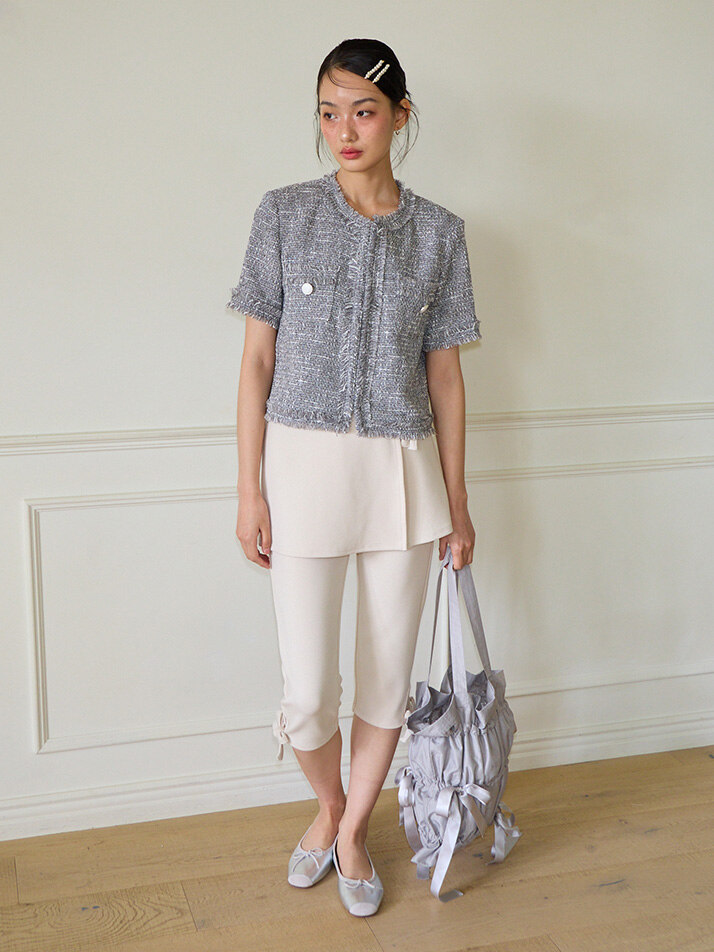 Tassel Tweed Short Sleeve Jacket_ Gray