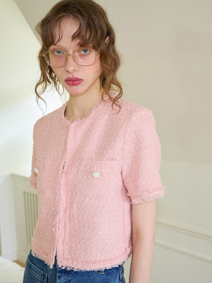 Tassel Tweed Short Sleeve Jacket_ Pink