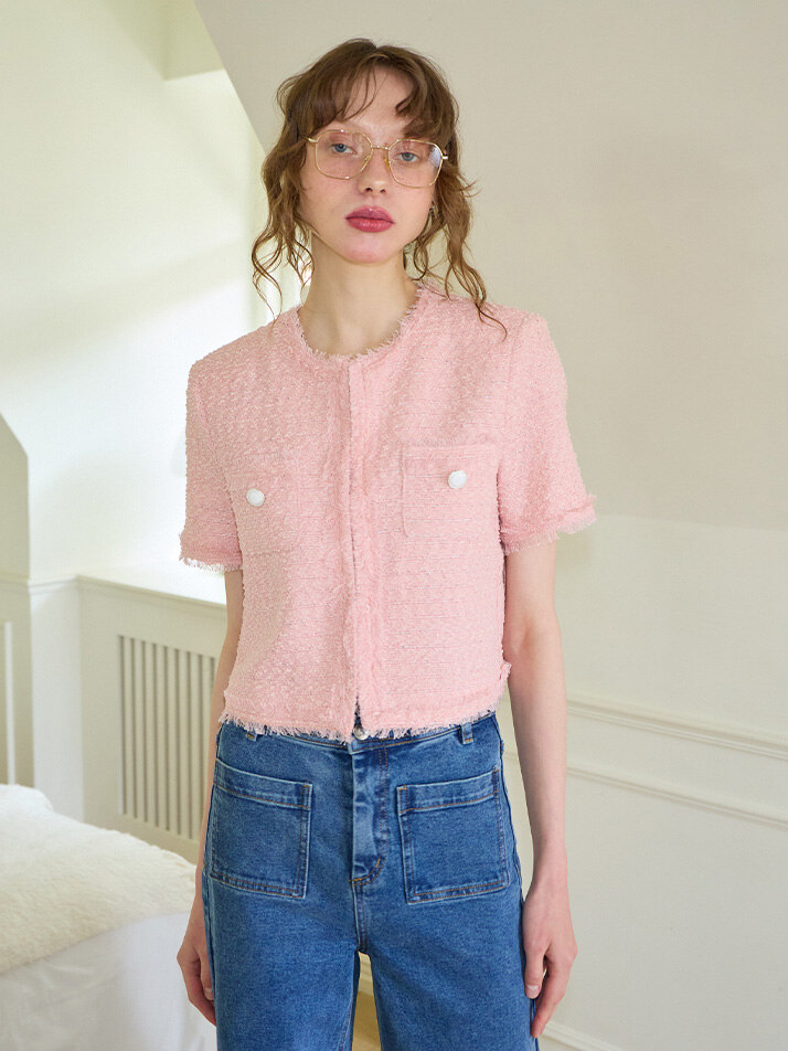 Tassel Tweed Short Sleeve Jacket_ Pink