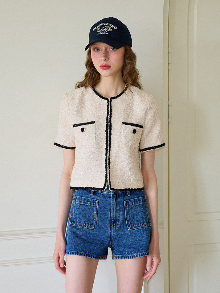 Trimming Tweed Short Sleeve Jacket_ Ivory