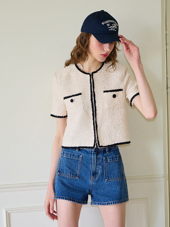 Trimming Tweed Short Sleeve Jacket_ Ivory