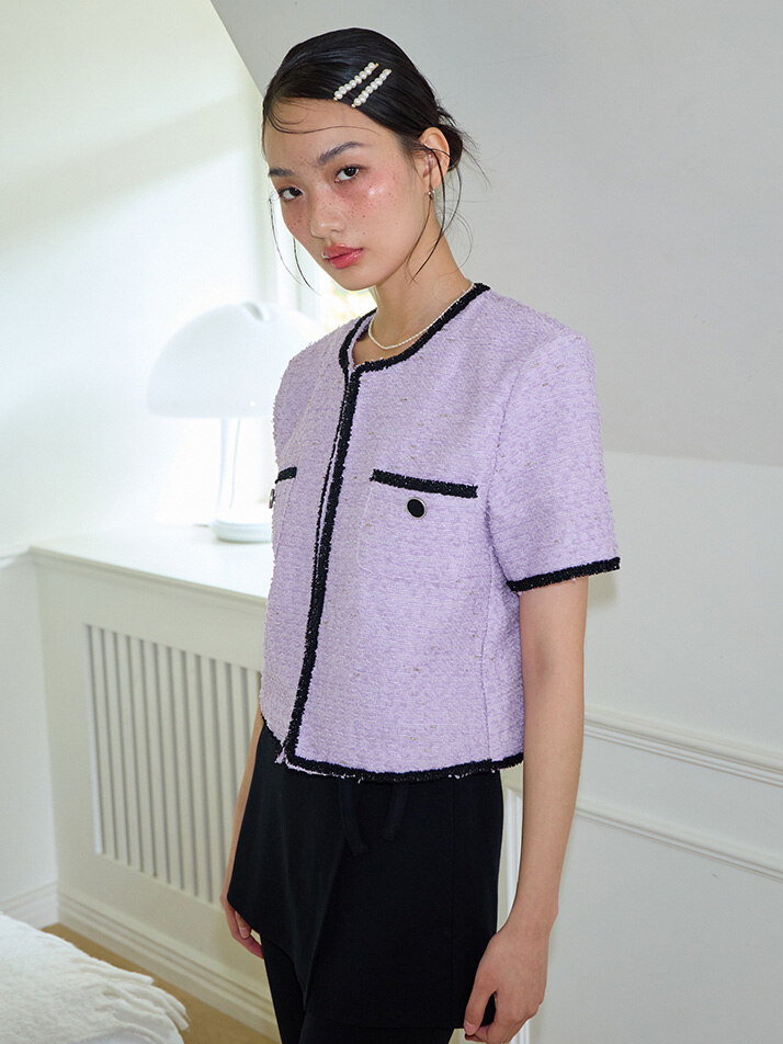 Trimming Tweed Short Sleeve Jacket_ Purple