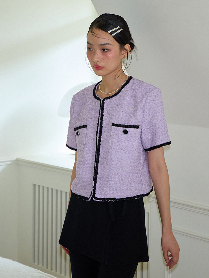 Trimming Tweed Short Sleeve Jacket_ Purple