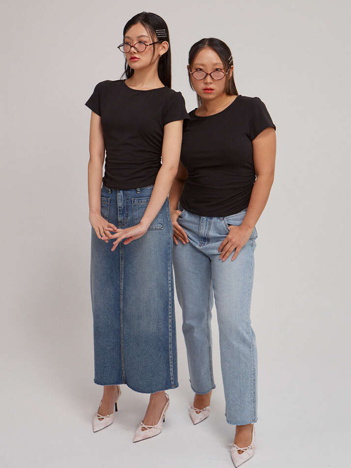 Basic Shirring Short Sleeve T_ Black