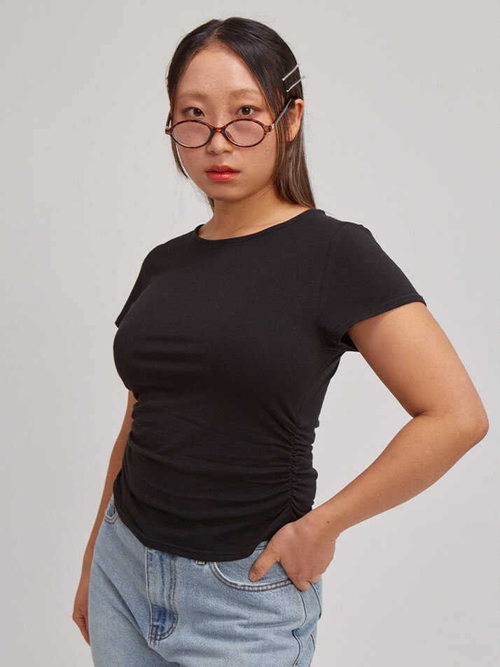 Basic Shirring Short Sleeve T_ Black