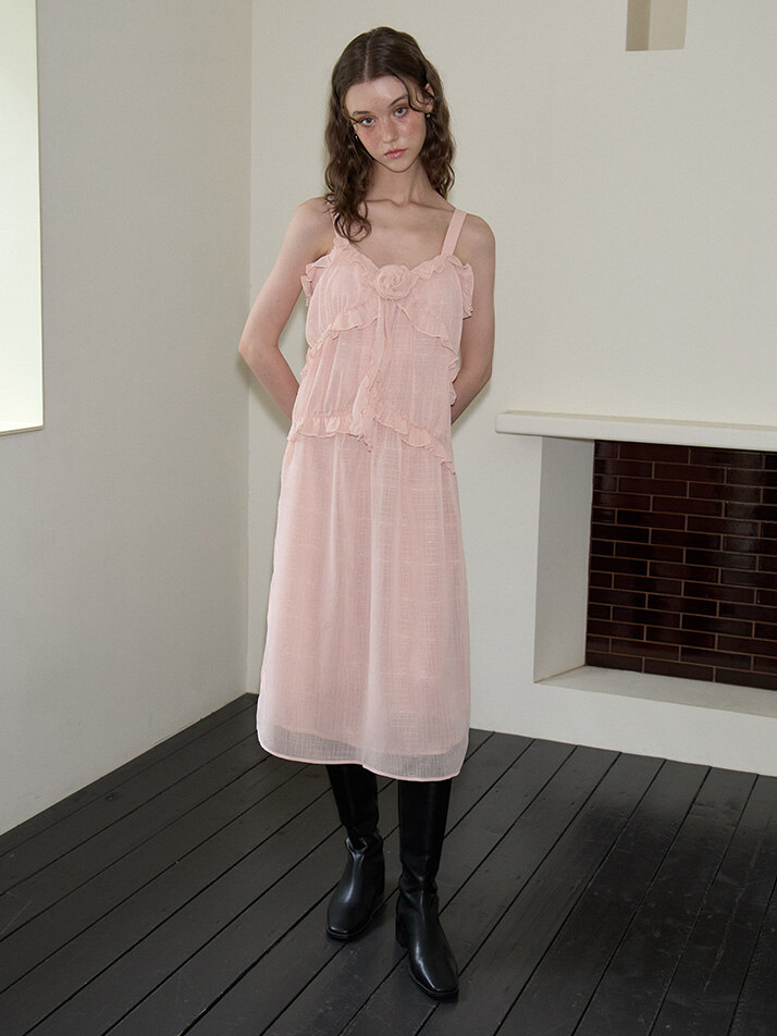 Corsage Point Ruffle Sleeveless Dress_ Pink