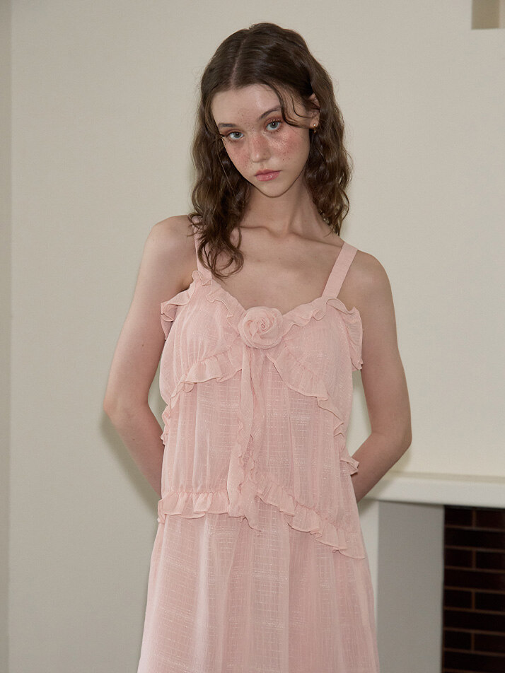 Corsage Point Ruffle Sleeveless Dress_ Pink