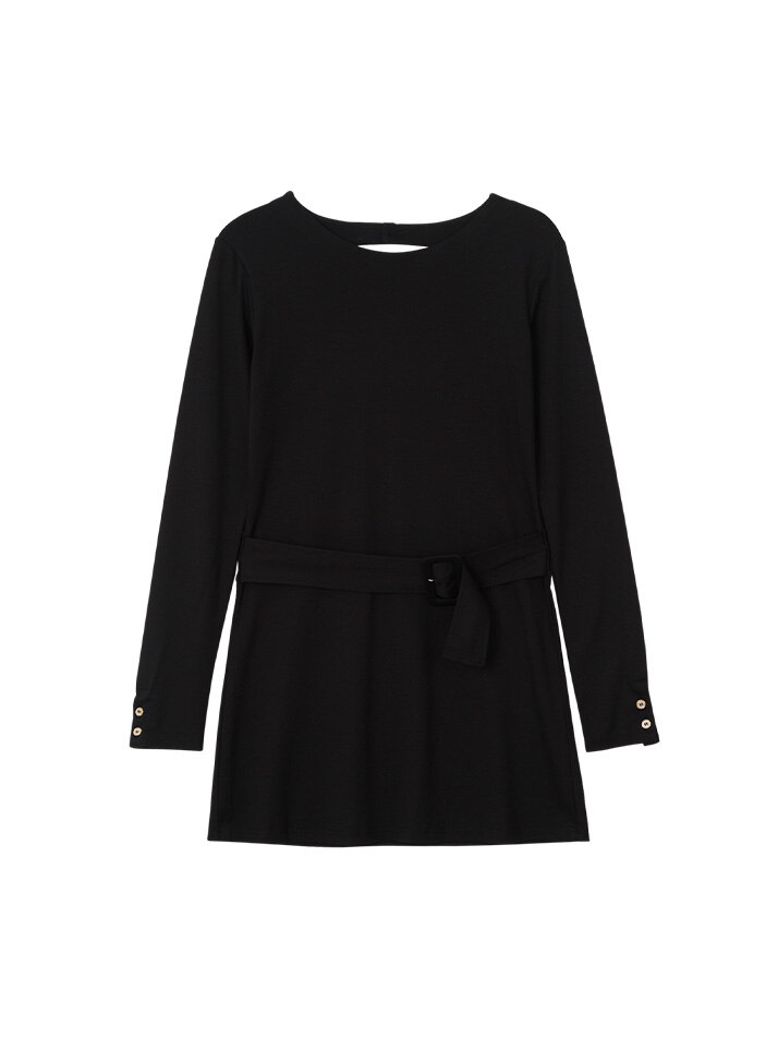 Back Point Belted Mini Dress_ Black