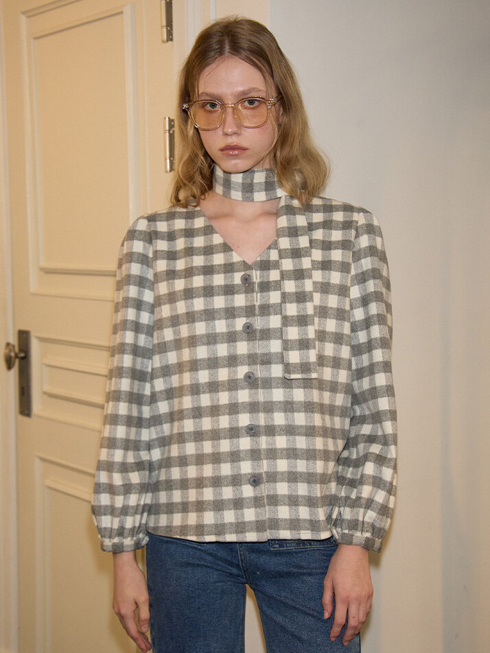 Scarf Gingham Check Blouse_ Gray