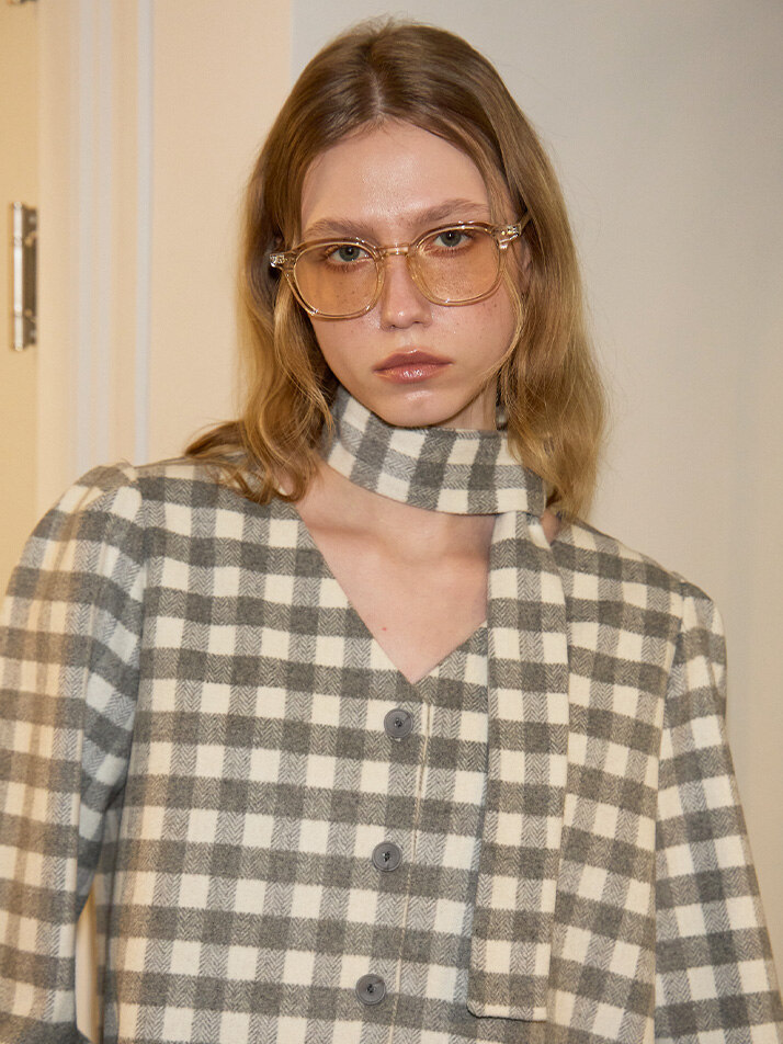 Scarf Gingham Check Blouse_ Gray