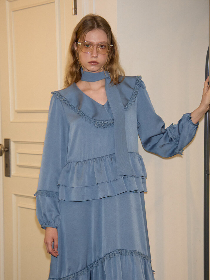 Scarf Ruffle Long Dress_ Blue