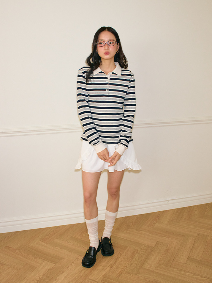 Striped Button Rugby Collar Shirt_ Gray