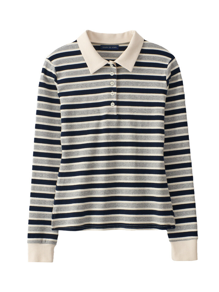 Striped Button Rugby Collar Shirt_ Gray