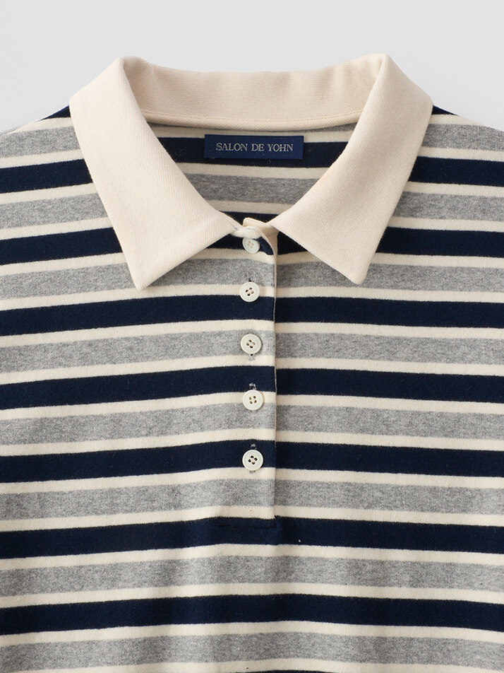 Striped Button Rugby Collar Shirt_ Gray