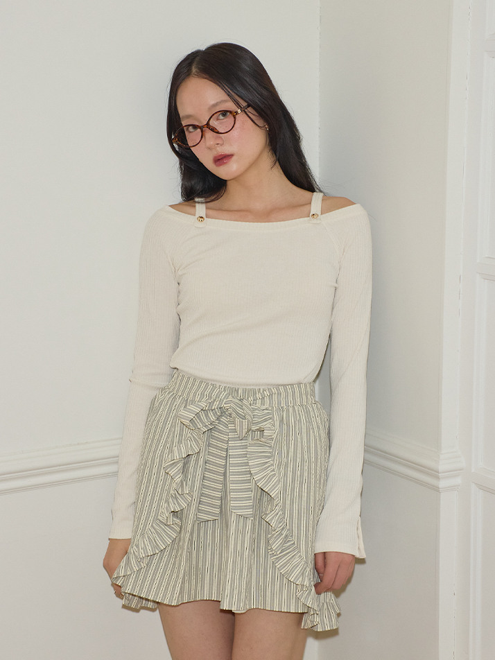 Button Point Strap Off Shoulder T_ Ivory