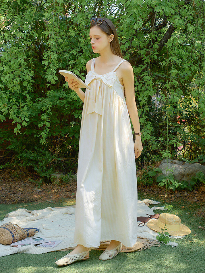 Ribbon Point Sleeveless Long Dress_ Lemon