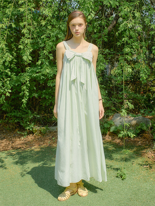 Ribbon Point Sleeveless Long Dress_ Green
