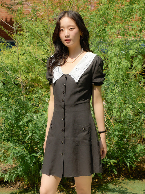 Lace Collar Linen Puff Shoulder Dress_ Black