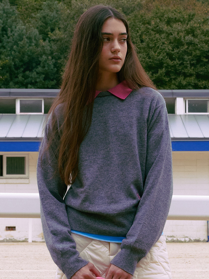 (WOMEN) Two Tone Collar Knit_Melange Grey