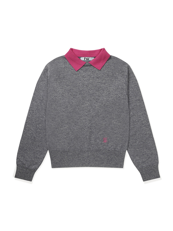 (WOMEN) Two Tone Collar Knit_Melange Grey