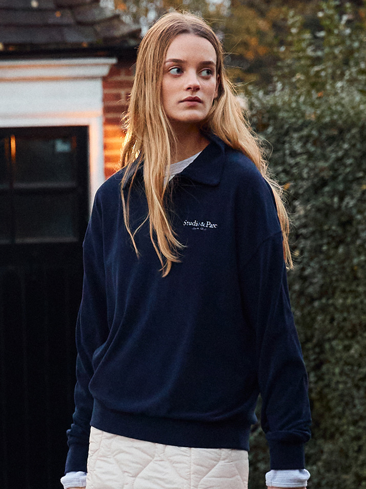 (WOMEN) Velour Spandex Collar T-Shirt_Navy