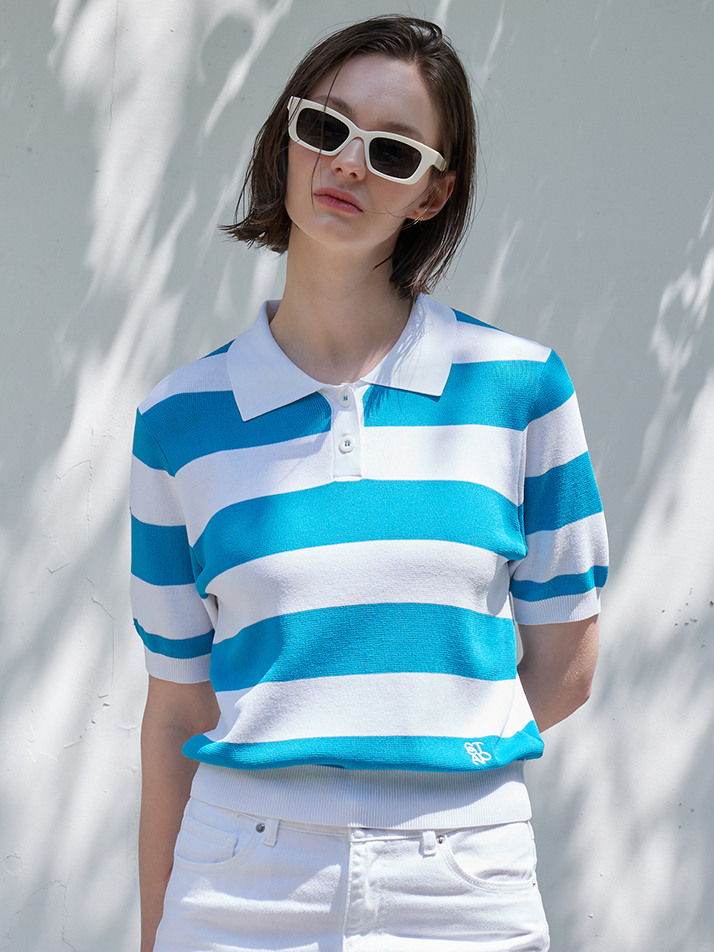 (WOMEN) Collar Stripe Knit_Blue