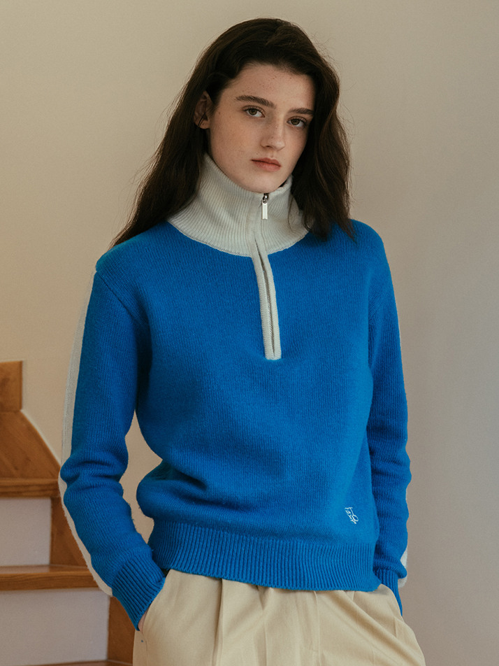 (UNI) Two Tone Half Zip-up Wool Knit_Blue