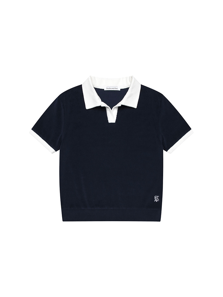 (WOMEN) Terry Collar Contrast T-Shirt_Navy