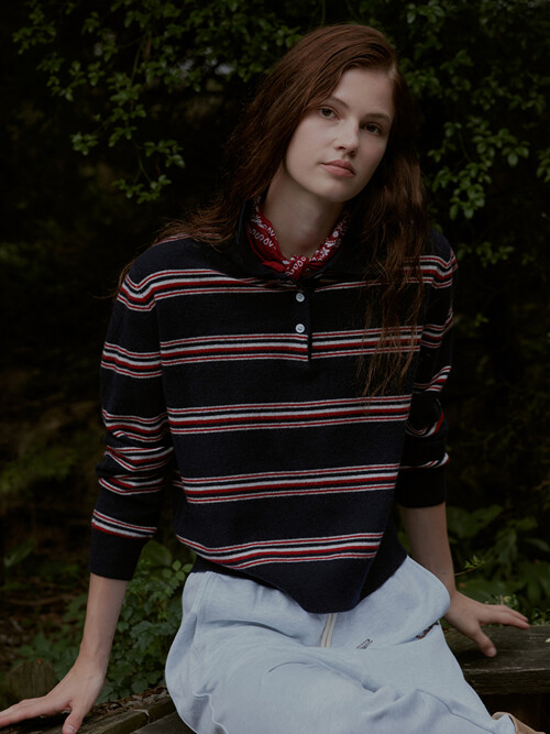 Wool 100% Stripe Collar Knit_Navy